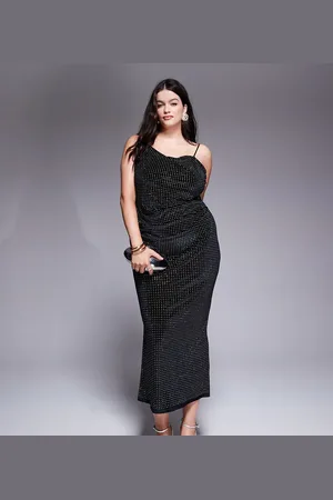 ASOS ASOS DESIGN Curve velvet embellished asymmetric draped neckline midi dress in black