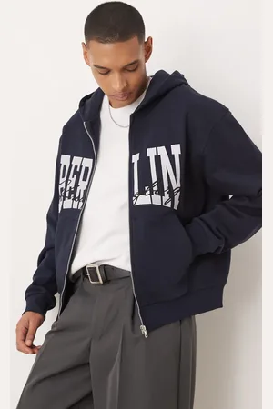 ASOS Oversized boxy zip through hoodie with berlin print in
