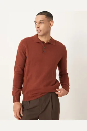 MANGO Knitted button down polo jumper in burgundy