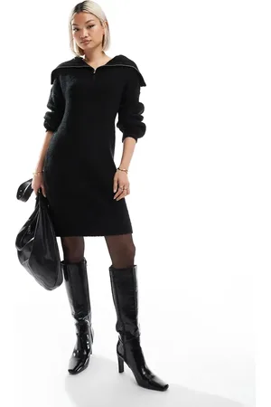 French Connection Half zip knitted mini dress in black