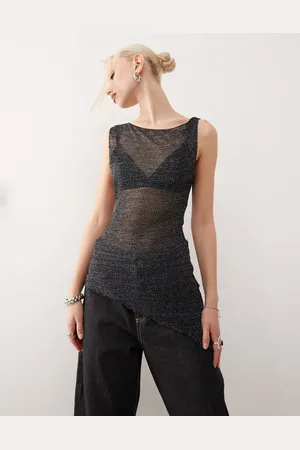 COLLUSION Shimmer knitted asymmetric top in charcoal