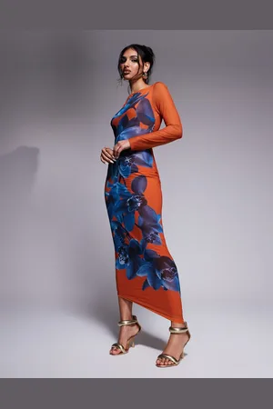 DASKA Fitted maxi dress with placement print in burnt orange