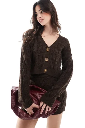 Miss Selfridge V neck relaxed fit cable knit cardigan co ord in chocolate