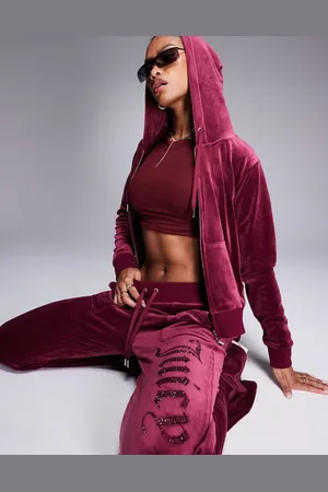Juicy Couture Velour tonal jewel low rise joggers co-ord in burgandy