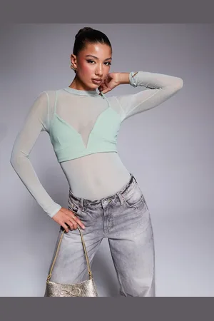 ASOS Layered mesh bodysuit with plunge bralet in sage