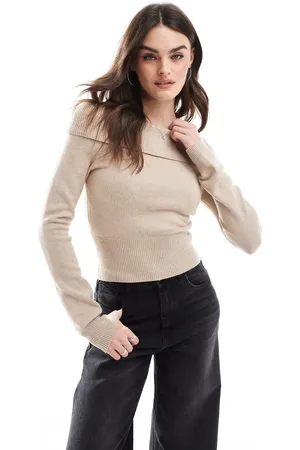 Bershka Bardot knitted jumper in taupe