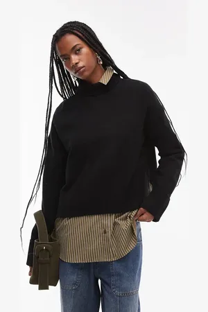 ARKET Wool knitted rib funnel neck sweater with split back neck and turn up cuffs in