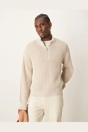 Abercrombie & Fitch Oversized half zip stripe stitch knit jumper in cream