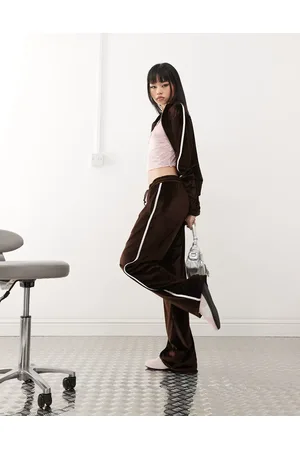 Reclaimed Velour side stripe wide leg jogger in chocolate co ord