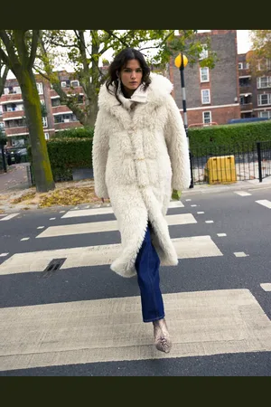 Topshop Faux fur duffle hooded long coat in cream
