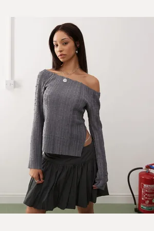 Reclaimed Off shoulder textured long sleeve top in charcoal