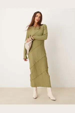 Miss Selfridge Mix texture long sleeve dress in khaki