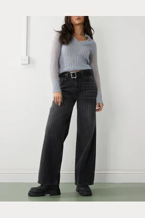 The Ragged Priest Laser pinstripe release jean with belt in charcoal stripe