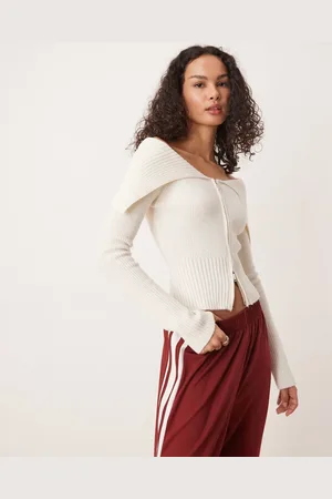 Gina Tricot Rib knitted zip front cardigan with off shoulder collar in cream