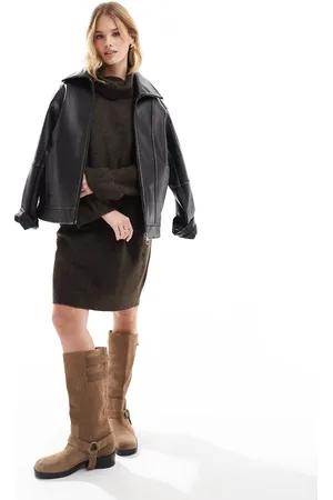 VERO MODA Knitted roll neck mini dress in chocolate