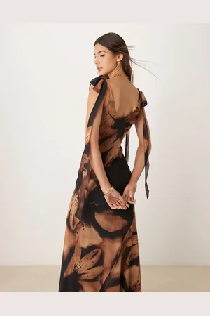 Miss Selfridge Tie shoulder cowl neck slip dress in brown large floral print
