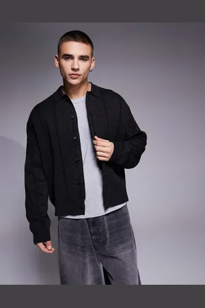 ASOS Oversized boxy fit knitted polo jumper with stripe in charcoal marl
