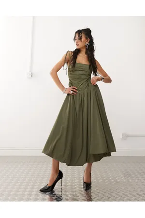 Amy Lynn Alexa puffball midi dress with hotfix bodice in khaki
