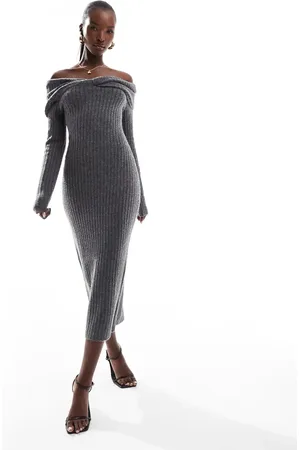 In The Style Knitted bardot twist midi jumper dress in charcoal