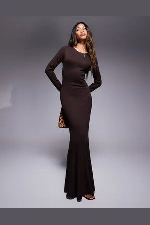 Kaiia Exclusive knitted long sleeve flared skirt maxi dress in chocolate