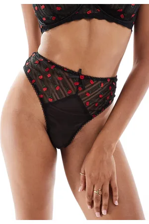 Playful Promises Elodie rosebud embroidery high-waisted thong in black and