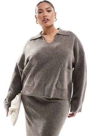 Pieces® Pieces Curve open polo neck jumper co-ord in deep taupe