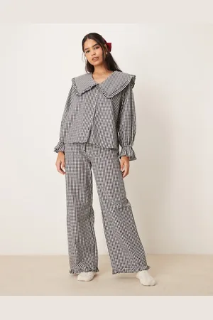 ASOS Pyjama wide leg frill hem trouser in black gingham co ord