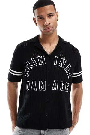 Criminal Damage Pointelle revere collar shirt in black