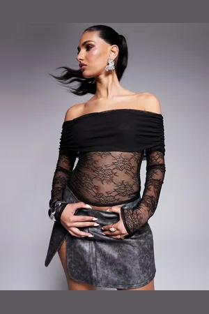 ASOS Lace top with mesh fold over bardot in