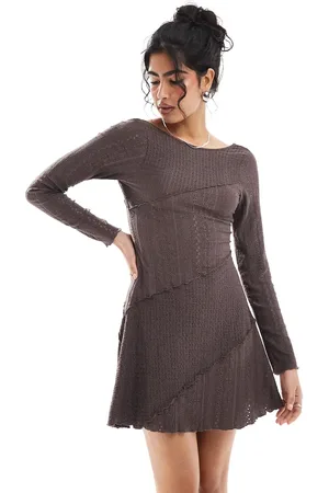 Miss Selfridge Mixed texture long sleeve scoop back dress in chocolate