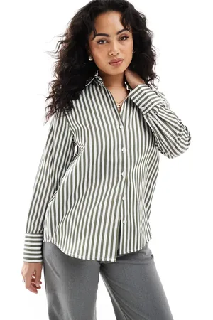 Stradivarius Poplin shirt in khaki stripe
