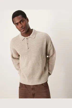 ASOS Oversized boxy fit fisherman rib knitted polo jumper in beige