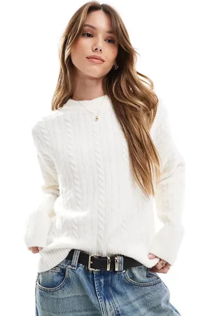 Bershka High neck oversized cable knit jumper in ecru