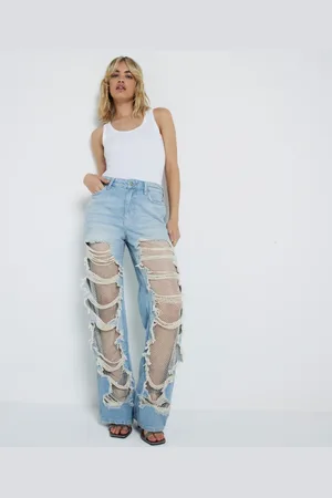 River Island Bejwelled super distressed straight leg jean in lightwash