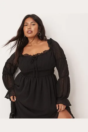 ASOS ASOS DESIGN Curve dobby milkmaid long sleeve sleeve shirred waist mini dress in