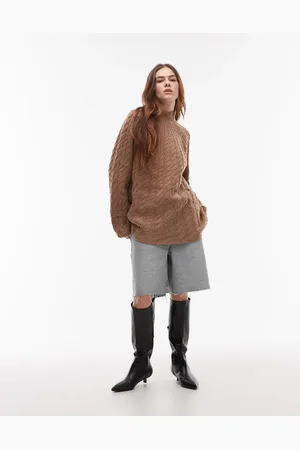 ARKET Wool cable knit jumper with fluted neck in camel beige