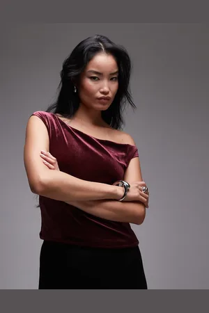 MANGO Velvet off shoulder top in dark red