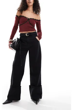 ASOS Wide leg jean with high turn up in washed black