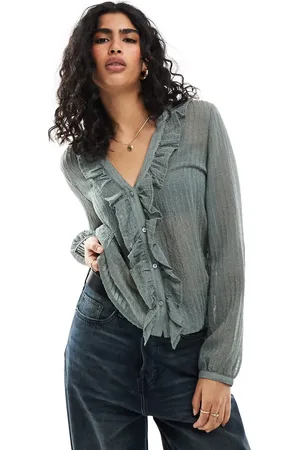 Stradivarius Ruffle shirt in khaki