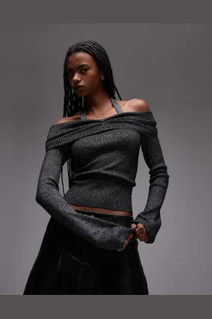 MANGO Halterneck and bardot long sleeve knitted top in