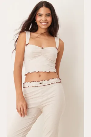 The Frolic Exclusive contrast lettuce edge ruched bust crop pyjama lounge top co-ord in oatmeal marl