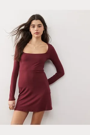 Miss Selfridge Square neck fit and flare mini dress in burgundy