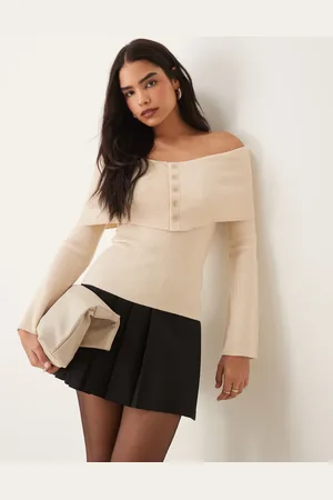 Pretty Lavish Button front bardot knit top in oatmeal