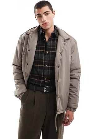 Brave Soul Padded coach jacket in taupe with popper studs and drawcord hem