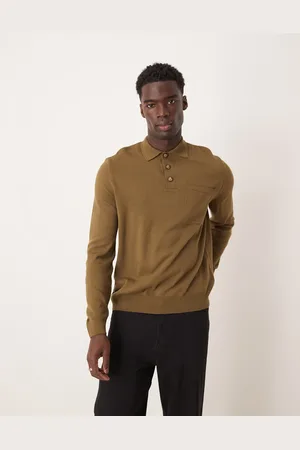 ASOS Relaxed boxy fit knitted polo jumper with chest pocket in khaki