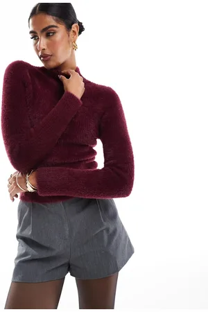 Miss Selfridge Long sleeve lash knitted top in burgundy