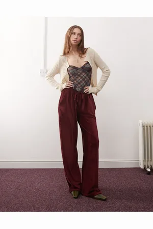 Reclaimed Wide leg ribbed trouser in burgundy