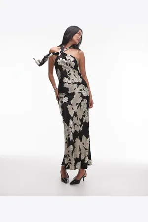 Topshop Tie neck halter in black ivory floral
