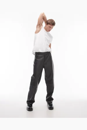 Topman Co-ord straight distressed faux leather trousers in charcoal