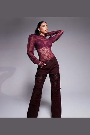 ASOS ASOS X THE SOURCED COLLECTION baggy jeans with lace and rips in burgundy